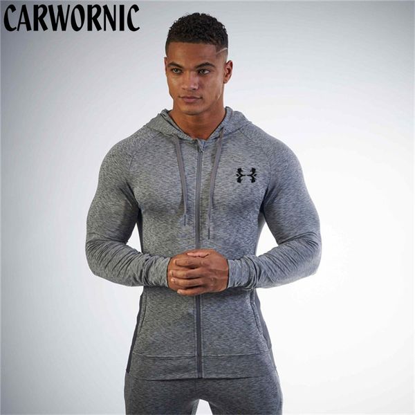 

carwornic new spring fitness bodybuilding jacket men cotton long sleeve hoody jacket casual fashion workout sporting gyms, Black;brown