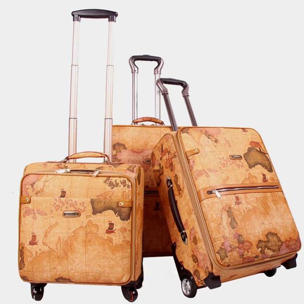 

letrend retro map pu leather spinner rolling luggage women password trolley men suitcase wheels 20 inch cabin travel bag trunk