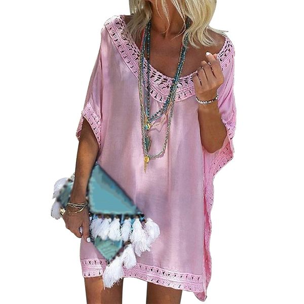 women v neck solid ladies short sleeve beach dress hollowed brim fashion summer holiday mini beach loose, Blue;gray
women v neck solid ladies short sleeve beach dress hollowed brim fashion summer holiday mini beach loose, Blue;gray