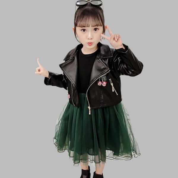 girls clothes cherry costume for girls leather jacekt + dress costume for girl casual style children's tracksuit, White 
girls clothes cherry costume for girls leather jacekt + dress costume for girl casual style children's tracksuit, White