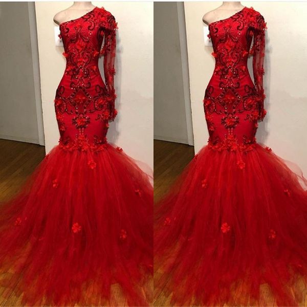 african red mermaid prom dresses one shoulder long sleeves evening dress tulle appliques beads handmade flowers cocktail party gowns, Black;red
african red mermaid prom dresses one shoulder long sleeves evening dress tulle appliques beads handmade flowers cocktail party gowns, Black;red