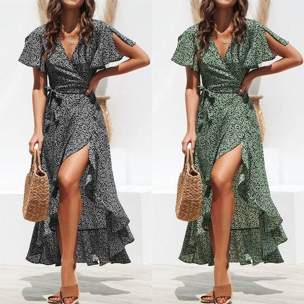 european station summer women's new v-neck irregular high waist lace-up flying sleeve chiffon print dress, Black;gray
european station summer women's new v-neck irregular high waist lace-up flying sleeve chiffon print dress, Black;gray