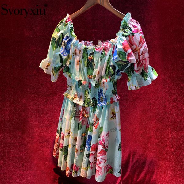 svoryxiu off shoulder summer holiday dress women's elastic waist custom button blue flower print runway cotton short dress, Black;gray
svoryxiu off shoulder summer holiday dress women's elastic waist custom button blue flower print runway cotton short dress, Black;gray