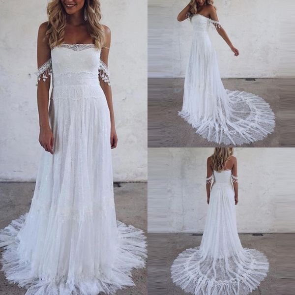 brilliant lace off the shoulder a line wedding dress vestidos de novia sweep train strapless backless boho beach bridal gown, White
brilliant lace off the shoulder a line wedding dress vestidos de novia sweep train strapless backless boho beach bridal gown, White
