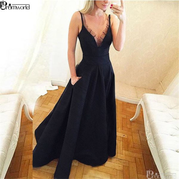 elegant black long dress evening with pockets spaghetti straps v neck a line satin formal prom gown 2019 evening party dresses, White;black
elegant black long dress evening with pockets spaghetti straps v neck a line satin formal prom gown 2019 evening party dresses, White;black