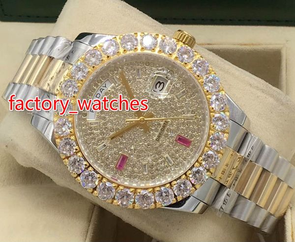 new style prong set diamond watches yellow gold two tone 43mm bigger diamond dial/bezel automatic fashion men's watch, Slivery;brown 
new style prong set diamond watches yellow gold two tone 43mm bigger diamond dial/bezel automatic fashion men's watch, Slivery;brown