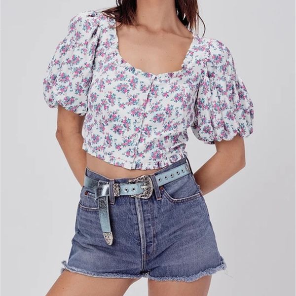 2020 women fashion square collar floral print shirt female spring chic puff sleeve flower print short blouse single breast, White
2020 women fashion square collar floral print shirt female spring chic puff sleeve flower print short blouse single breast, White