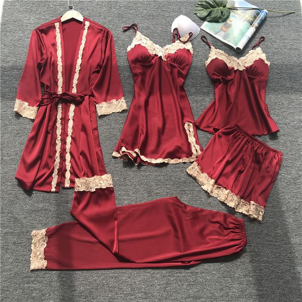 women's fashion pajamas sets silk lace lingerie bathrobes suits homewear sleepwear 5 pcs set, Blue;gray
women's fashion pajamas sets silk lace lingerie bathrobes suits homewear sleepwear 5 pcs set, Blue;gray