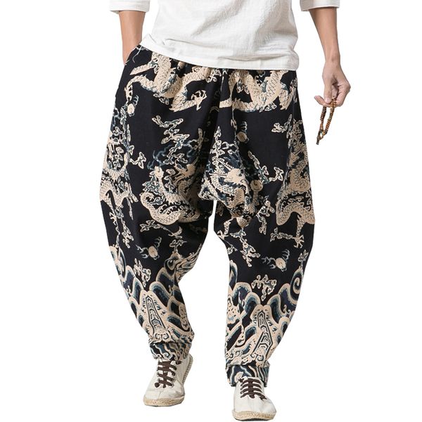 2020 men harem pants dragon printed casual loose linen sweatpants jogger streetwear trousers p233, Black 
2020 men harem pants dragon printed casual loose linen sweatpants jogger streetwear trousers p233, Black