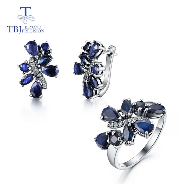 

tbj,natural sapphire set jewelry rings and earrings flower design 925 silver suitable for women wedding or anniversary nice gift, Black