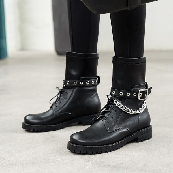 motorcycle boots women's mid-calf boots genuine leather rivet metal chains vintage botas mujer, Black
motorcycle boots women's mid-calf boots genuine leather rivet metal chains vintage botas mujer, Black