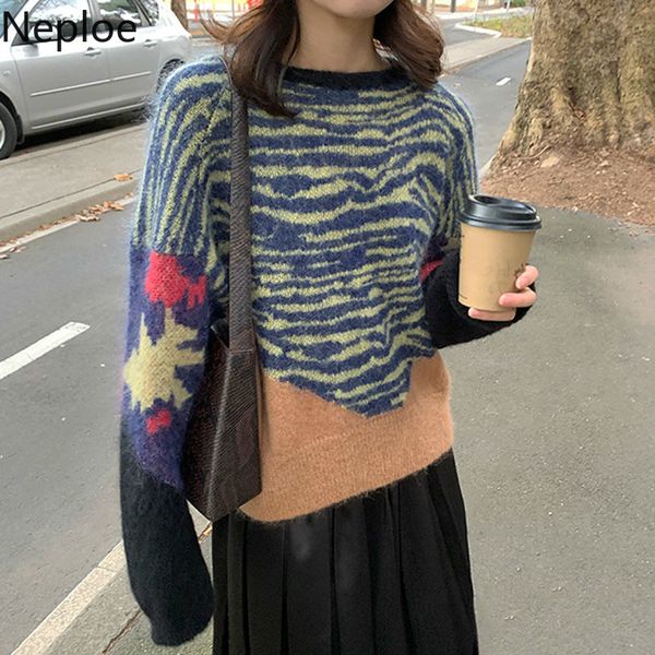 neploe autumn winter ins jersey mujer contrast color patchwork thicked warm pullover sweater mohair striped loose pull femme, White;black 
neploe autumn winter ins jersey mujer contrast color patchwork thicked warm pullover sweater mohair striped loose pull femme, White;black