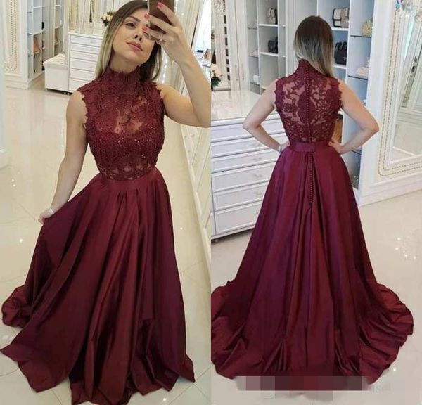 2020 burgundy high neck prom dresses sleeveless lace applique beaded pearls satin floor length illusion bodice evening gown celebrity party, Black
2020 burgundy high neck prom dresses sleeveless lace applique beaded pearls satin floor length illusion bodice evening gown celebrity party, Black