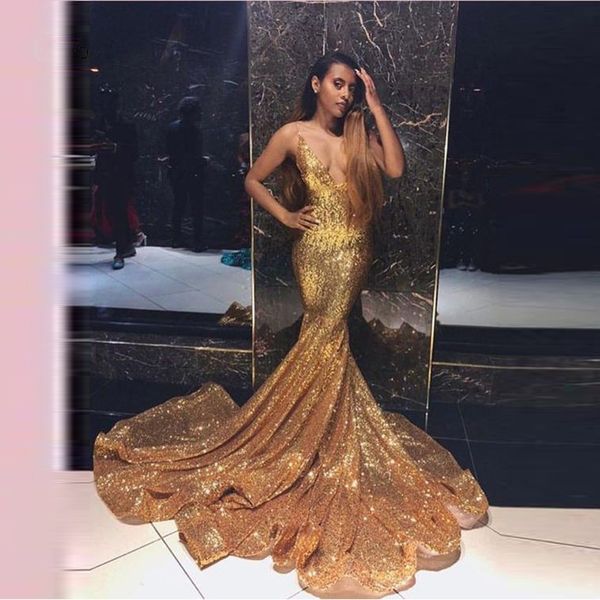 Sexy Sparkle Gold Sequined Mermaid Prom Dresses 2019 Deep V-neck Backless Long Evening Gowns Elastic Plus Size Vestido Formatura
Sexy Sparkle Gold Sequined Mermaid Prom Dresses 2019 Deep V-neck Backless Long Evening Gowns Elastic Plus Size Vestido Formatura