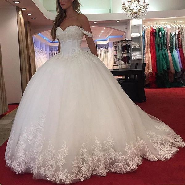new arabic ball gown wedding dresses sweetheart lace appliques crystal beaded off shoulder puffy tulle plus size formal bridal gowns, White
new arabic ball gown wedding dresses sweetheart lace appliques crystal beaded off shoulder puffy tulle plus size formal bridal gowns, White