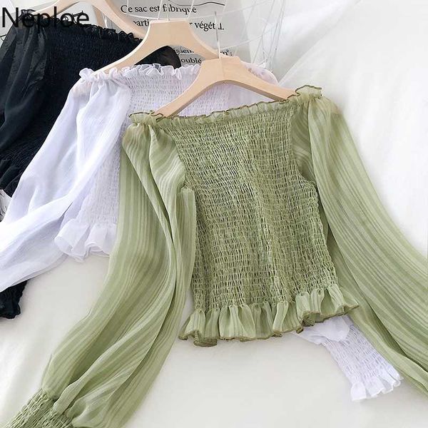 neploe women chiffon blouse retro slash neck ruffle blusas 2020 korean strapless stretch slim short ruffle shirt 58473, White 
neploe women chiffon blouse retro slash neck ruffle blusas 2020 korean strapless stretch slim short ruffle shirt 58473, White