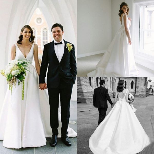 backless sweep train wedding dresses sleeveless deep v neck satin bridal dresses robes de mariée, White
backless sweep train wedding dresses sleeveless deep v neck satin bridal dresses robes de mariée, White