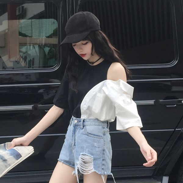 black and white t- contrast color shirt personalized shoulder-leaking pocket t-shirt short sleeve top
black and white t- contrast color shirt personalized shoulder-leaking pocket t-shirt short sleeve top