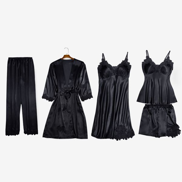 women 5 pieces pajamas sets rayon satin silk striped pajamas women lace robe pajamas sleepwear sets sleeveless nightwear, Black;red
women 5 pieces pajamas sets rayon satin silk striped pajamas women lace robe pajamas sleepwear sets sleeveless nightwear, Black;red