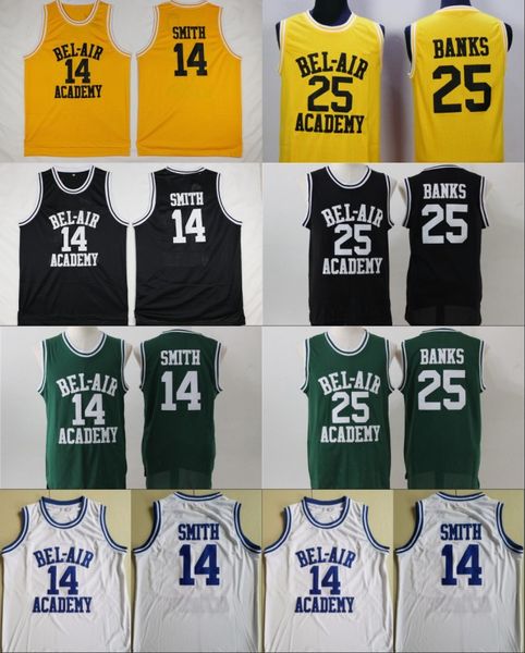 Mens BEL-AIR Academy Movie Jersey #14 Will Smith #25 Carlton Banks Basketball Jerseys Yellow Black Green High Quality Wholesale
