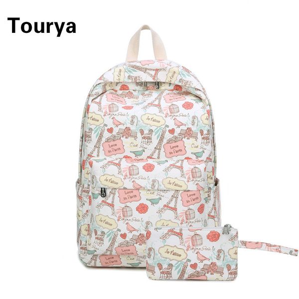 tourya cute canvas cartoon printing women backpack student school bag for teenage girls travel bagpack schoolbag laprucksack