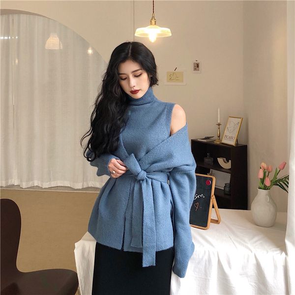 korean style autumn winter long sleeve sashes lacing sweater cardigan + knitted turtleneck vest two piece set female clothing, White;black
korean style autumn winter long sleeve sashes lacing sweater cardigan + knitted turtleneck vest two piece set female clothing, White;black