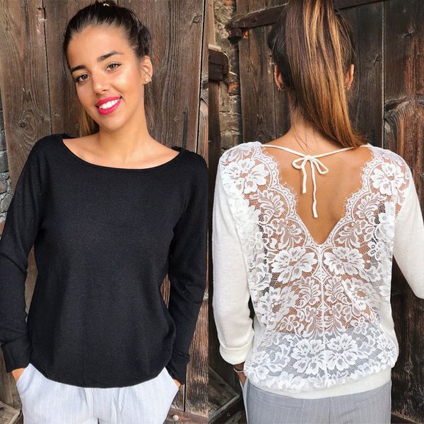 women long sleeve tshirt women t shirts lace embroidery lace floral crochet t-shirts casual tee, White