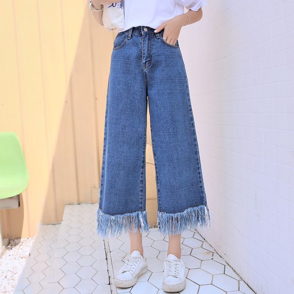 2019 spring england style fashion women wide leg pants jeans casual tassel flare female trousers, Blue
2019 spring england style fashion women wide leg pants jeans casual tassel flare female trousers, Blue