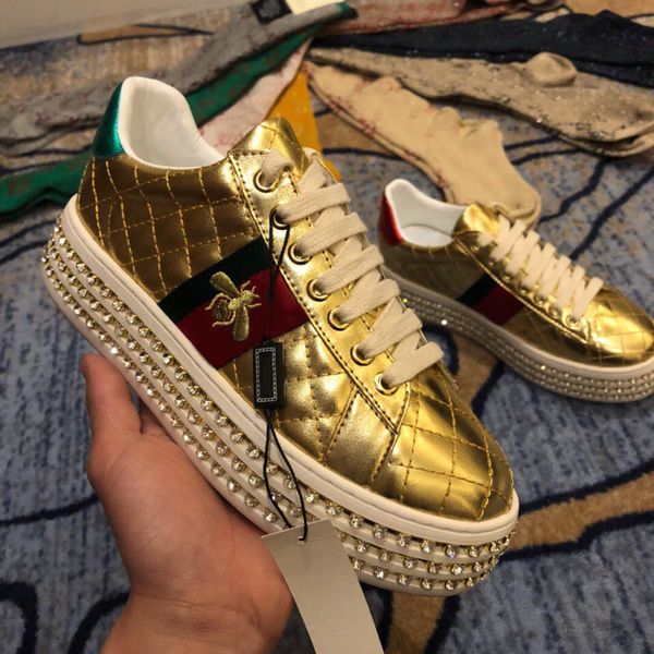 women metal color platform crystal sneaker flat trainer tennis shoes bee embroidery genuine leather shoes size 35-41 with box, Black
women metal color platform crystal sneaker flat trainer tennis shoes bee embroidery genuine leather shoes size 35-41 with box, Black