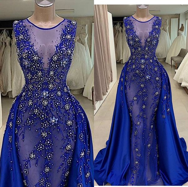 2020 arabic royal blue evening dresses with detachable train jewel neck satin appliqued mermaid prom dress beaded formal party gowns, Black;red
2020 arabic royal blue evening dresses with detachable train jewel neck satin appliqued mermaid prom dress beaded formal party gowns, Black;red