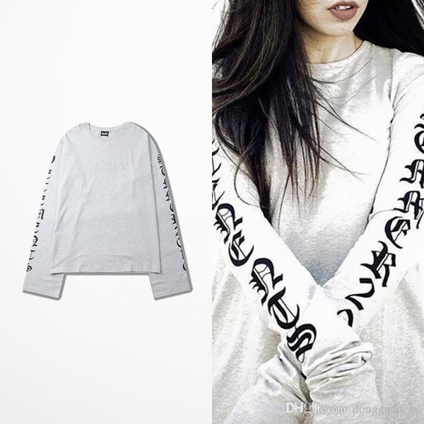 letter print t-shirt hip hop high street long sleeve t shirt loose shoulder tee, White;black