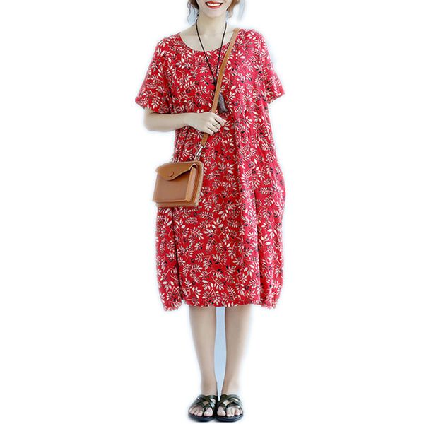 Plus Size Summer Style Dress Women Linen Floral Female Casual Dress Beach Midi Sweet Loose Large Size Costume