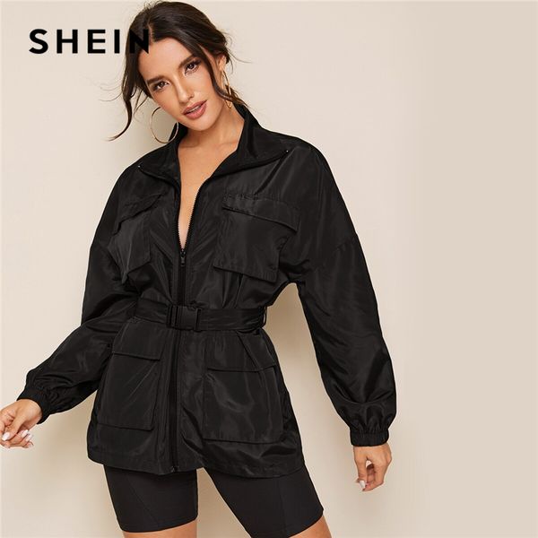 

shein black zip up pocket patched jacket with push buckle belt women autumn solid windbreaker casual sporting outwear jackets, Black;brown