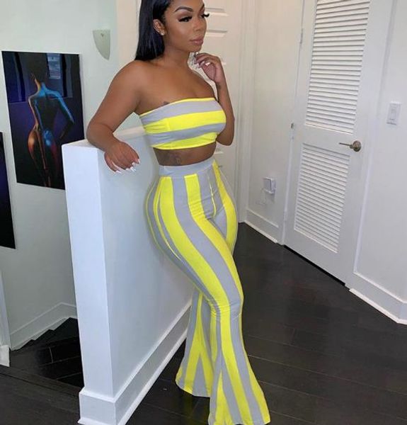 women designer striped strapless tracksuits strapless crop long pants fashion flare suits women clothing, Gray
women designer striped strapless tracksuits strapless crop long pants fashion flare suits women clothing, Gray