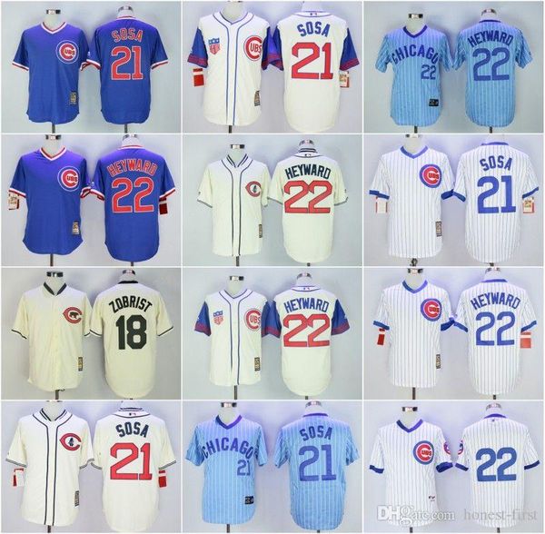 Cheap Chicago 18# ZOBRIST 21# SOSA 22# HEYWARD White Blue Retro Baseball throwback News Shirt Stitched