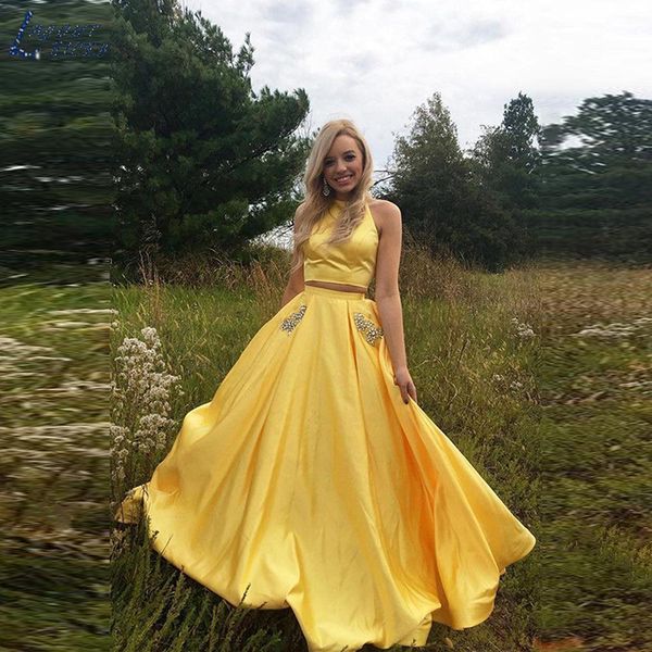 2 pieces yellow prom dress with pockets crystals beads hollow back high neck a line long evening party gowns plus size customize, Black
2 pieces yellow prom dress with pockets crystals beads hollow back high neck a line long evening party gowns plus size customize, Black