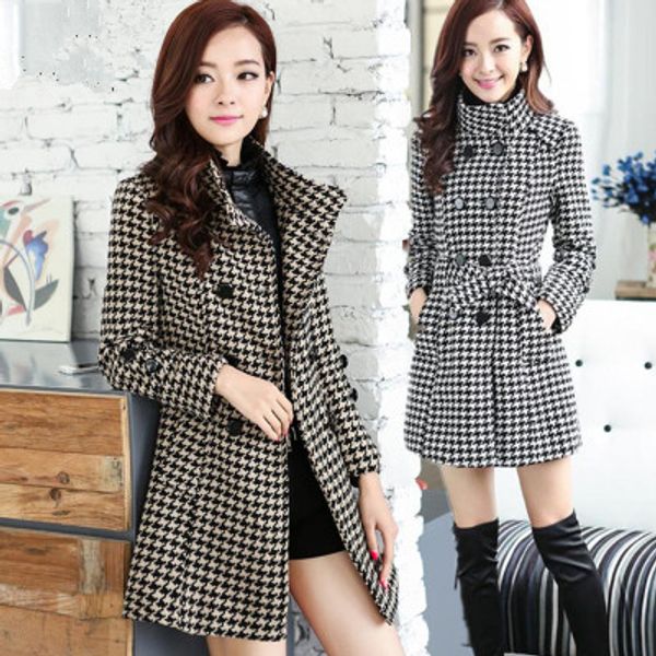 new temperament slim slimming long section collar collar jacket double-breasted houndstooth trench coat, Black
new temperament slim slimming long section collar collar jacket double-breasted houndstooth trench coat, Black