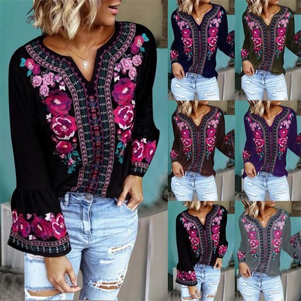 fashion long flare sleeve loose tees casual spring womens blouses womens floral printed v neck, White
fashion long flare sleeve loose tees casual spring womens blouses womens floral printed v neck, White