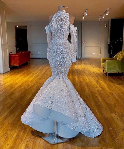 2019 gorgeous full beaded appliqued long sleee wedding dresses off shoulder mermaid bridal gown high neck puffy sweep train vestido de novia, White
2019 gorgeous full beaded appliqued long sleee wedding dresses off shoulder mermaid bridal gown high neck puffy sweep train vestido de novia, White