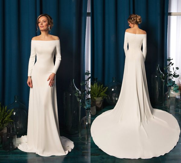 2019 modest wedding dresses off the shoulder satin long sleeves country bridal gowns sweep train plus size mermaid wedding dress, White
2019 modest wedding dresses off the shoulder satin long sleeves country bridal gowns sweep train plus size mermaid wedding dress, White