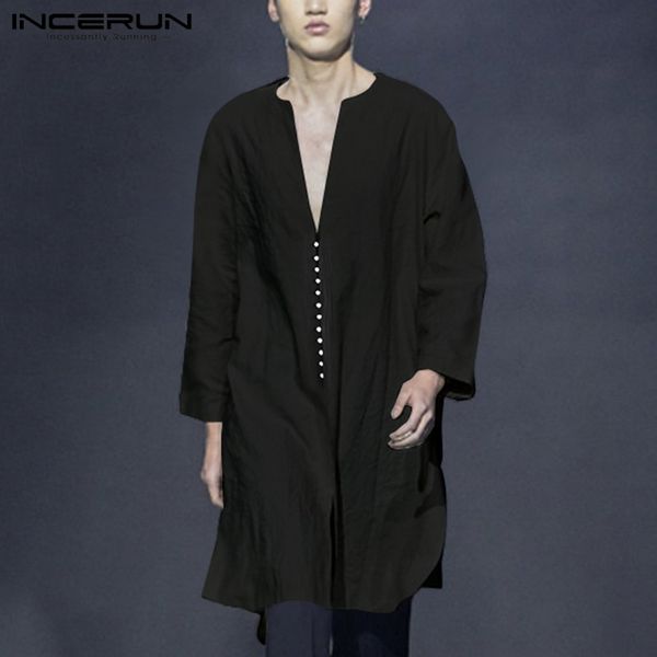 men shirt cotton solid color button long sleeve 2019 deep v neck streetwear retro long men robes casual shirts incerun 3xl, White;black
men shirt cotton solid color button long sleeve 2019 deep v neck streetwear retro long men robes casual shirts incerun 3xl, White;black