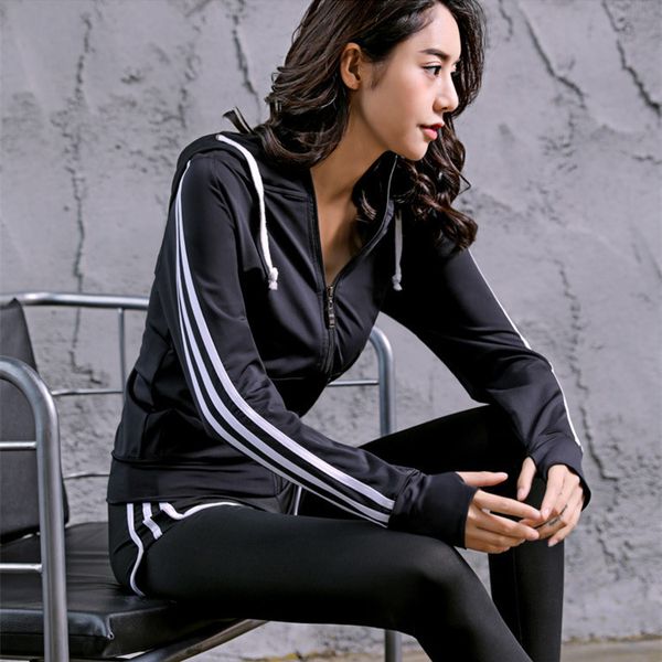 new sport fitness running jacket women's speed dry long sleeve zip hood lady three-bar sports jacket, Black;brown
new sport fitness running jacket women's speed dry long sleeve zip hood lady three-bar sports jacket, Black;brown