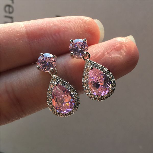 cute female crystal pink green stone earrings 925 sterling silver small stud earrings luxury wedding jewelry 
cute female crystal pink green stone earrings 925 sterling silver small stud earrings luxury wedding jewelry