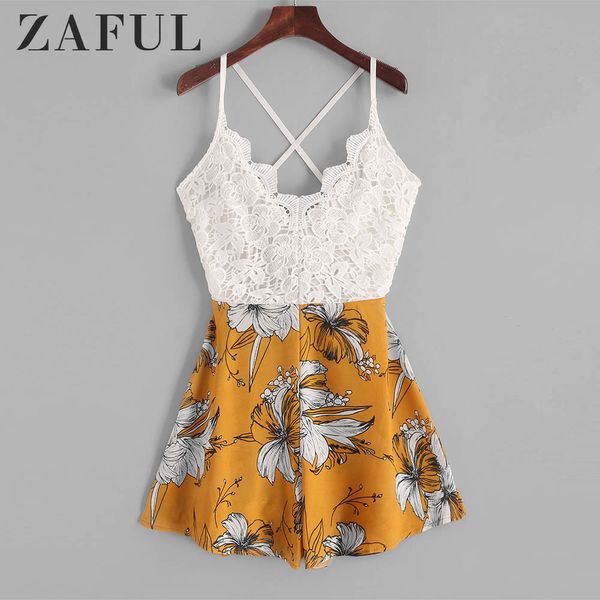 

zaful playsuits knotted back lace panel floral cami romper sleeveless criss-cross casual women spaghetti strap bodysuits, Black;white