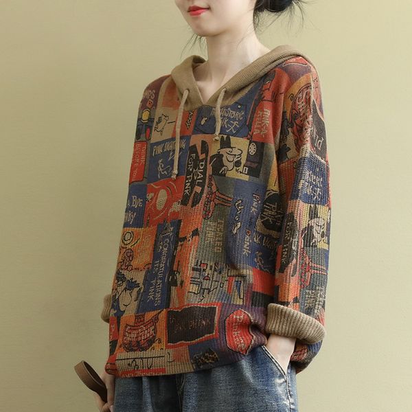 2020 loose literary retro long sleeve hooded knitted autumn and winter new printed pattern wild sweater, White;black
2020 loose literary retro long sleeve hooded knitted autumn and winter new printed pattern wild sweater, White;black