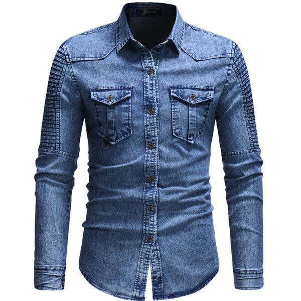 2019 men's spring and autumn washed pleated pocket single-breasted denim shirt / european and american slim long-sleeved, White;black
2019 men's spring and autumn washed pleated pocket single-breasted denim shirt / european and american slim long-sleeved, White;black