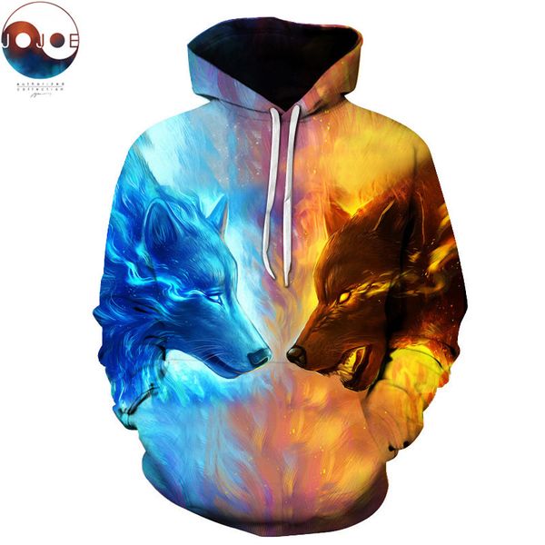even hoodie ice fire wolf white lion printing bring hat lovers sweater, Black