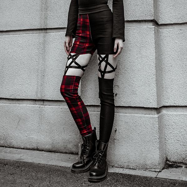 new arrival fashion black gothic harajuku women leggings hollow out pentagram red plaid punk style pencil pants, Black;white
new arrival fashion black gothic harajuku women leggings hollow out pentagram red plaid punk style pencil pants, Black;white