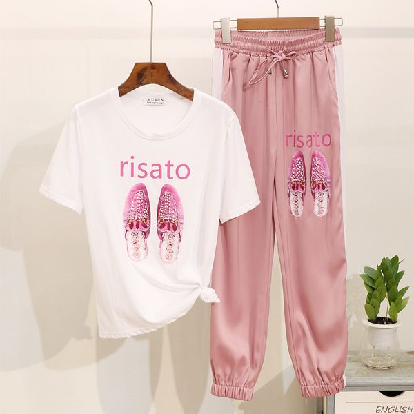 casual t shirt women 2019 summer new fashion beading print cotton short sleeve tshirt + nine pants two piece set women outfits, White
casual t shirt women 2019 summer new fashion beading print cotton short sleeve tshirt + nine pants two piece set women outfits, White