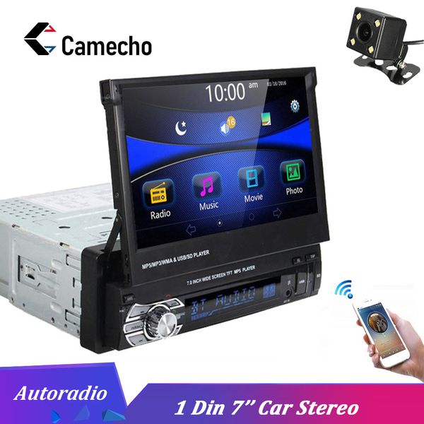 

camecho car stereo audio radio bluetooth 1din 7" hd autoradio touch screen monitor dvd mp5 sd fm usb player rear view camera